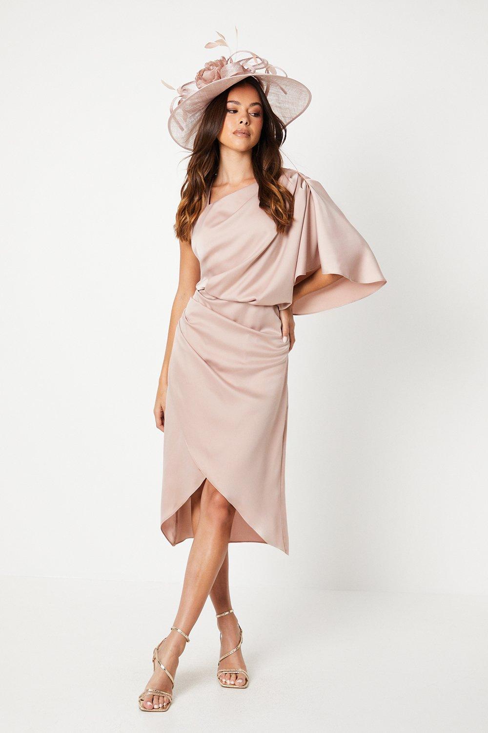 Cape One Shoulder Midi Dress - Champagne