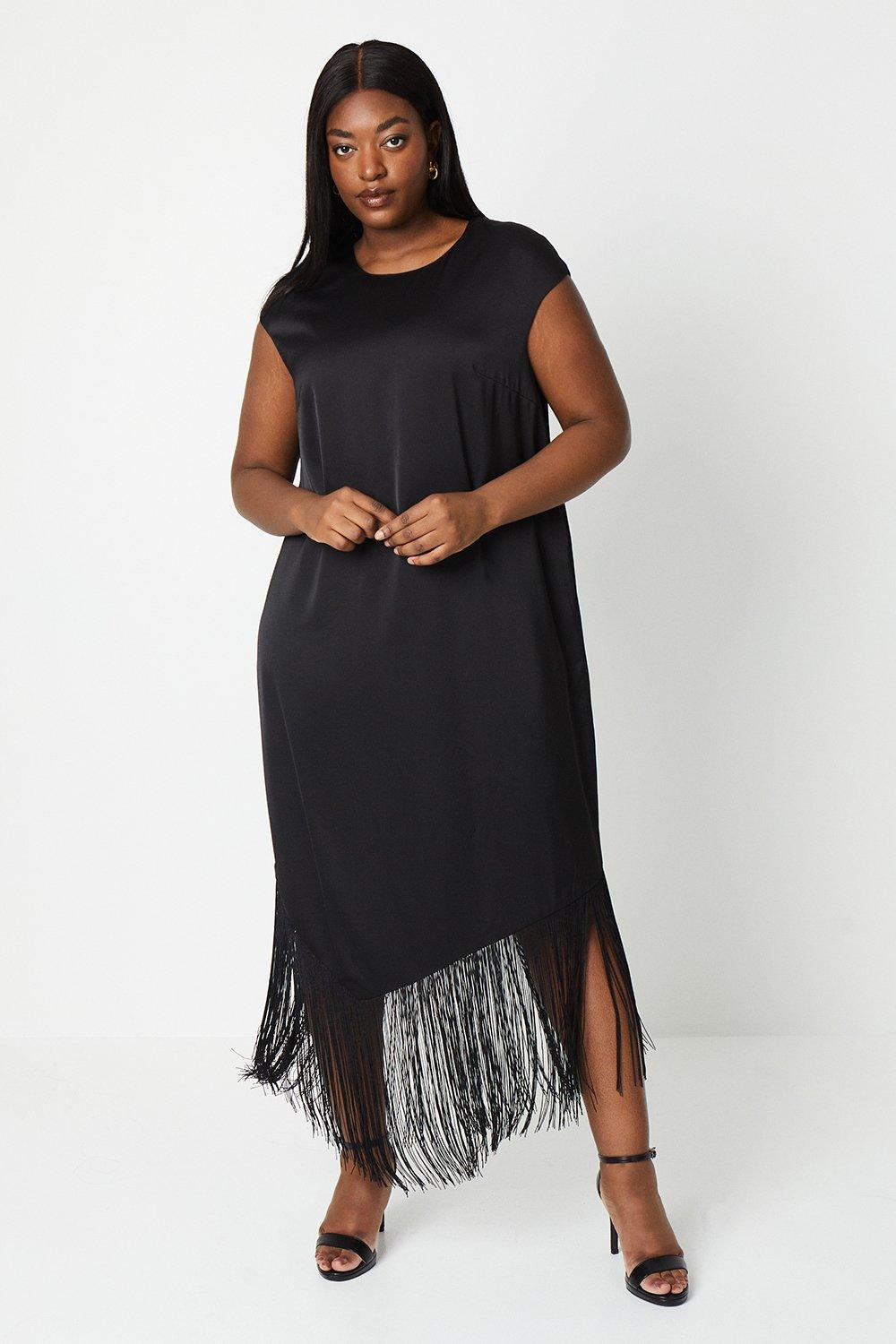 Plus Fringe Hem Shift Dress - Black