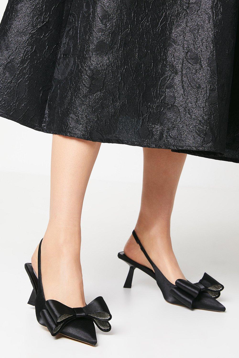 Savannah Satin Bow Detail Kitten Heel Court Shoes - Black