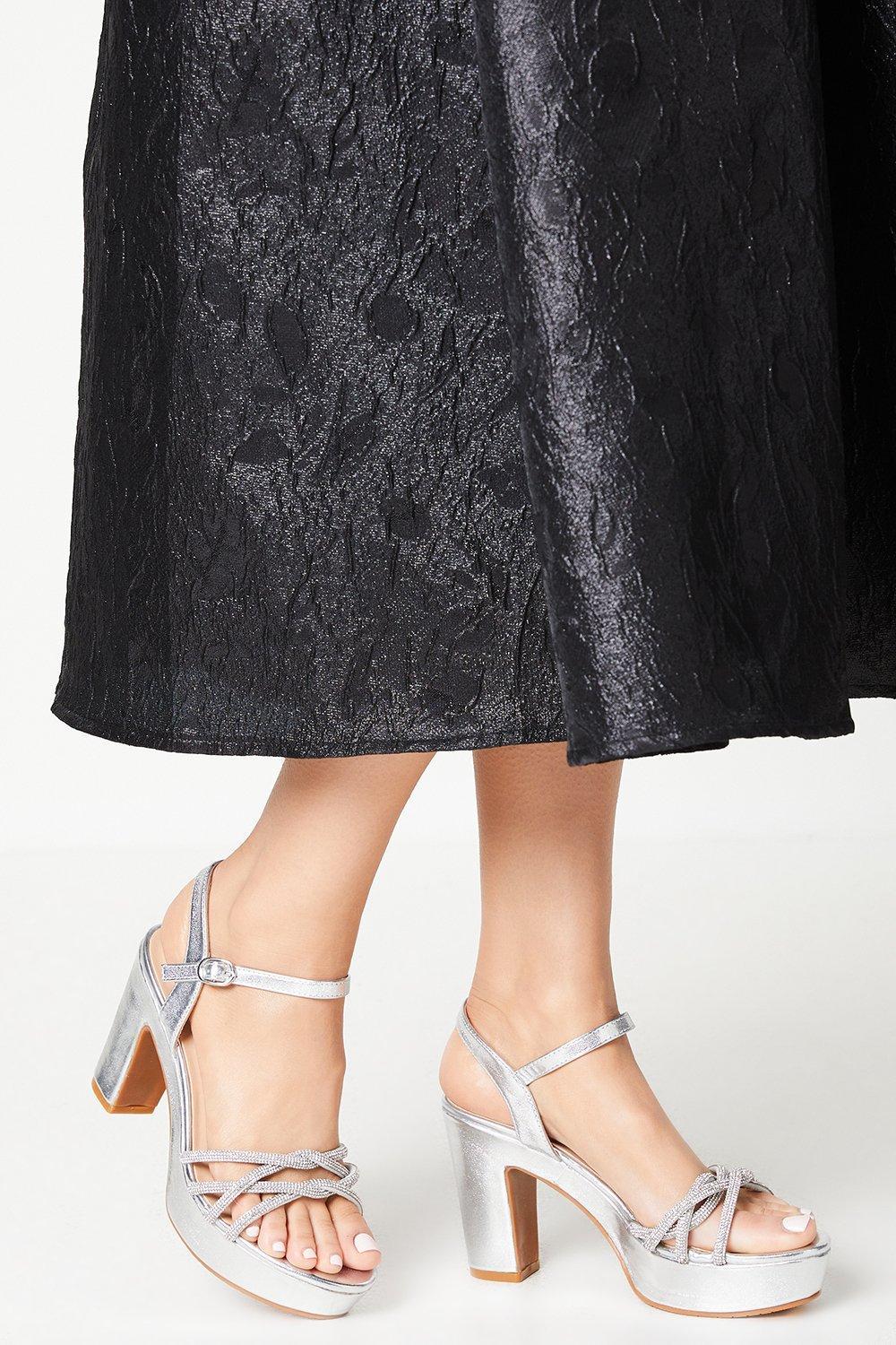Tiffany Diamante Twist Strap Platform Heeled Sandals - Silver