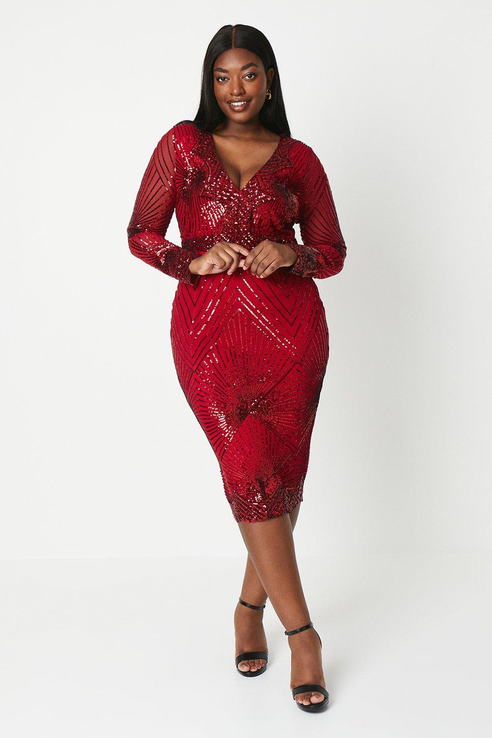 Plus V Neck Sequin Midi Dress - Red