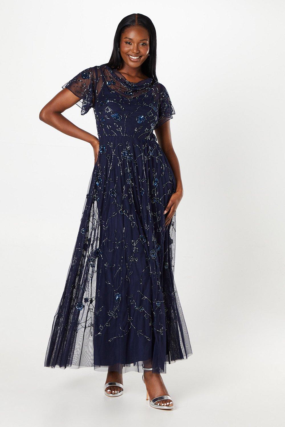 Hand Embellished Flutter Sleeve Boat Neck Midi Dress - Navy