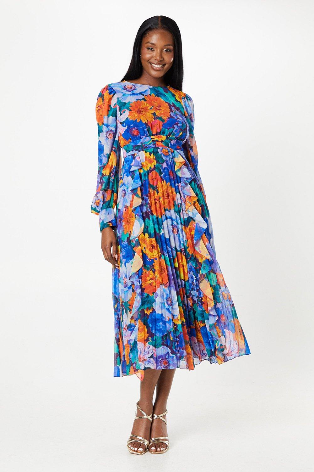 Printed Ruffle And Pleated Midi Wedding Guest Dress With Blouson Sleeve - Blue