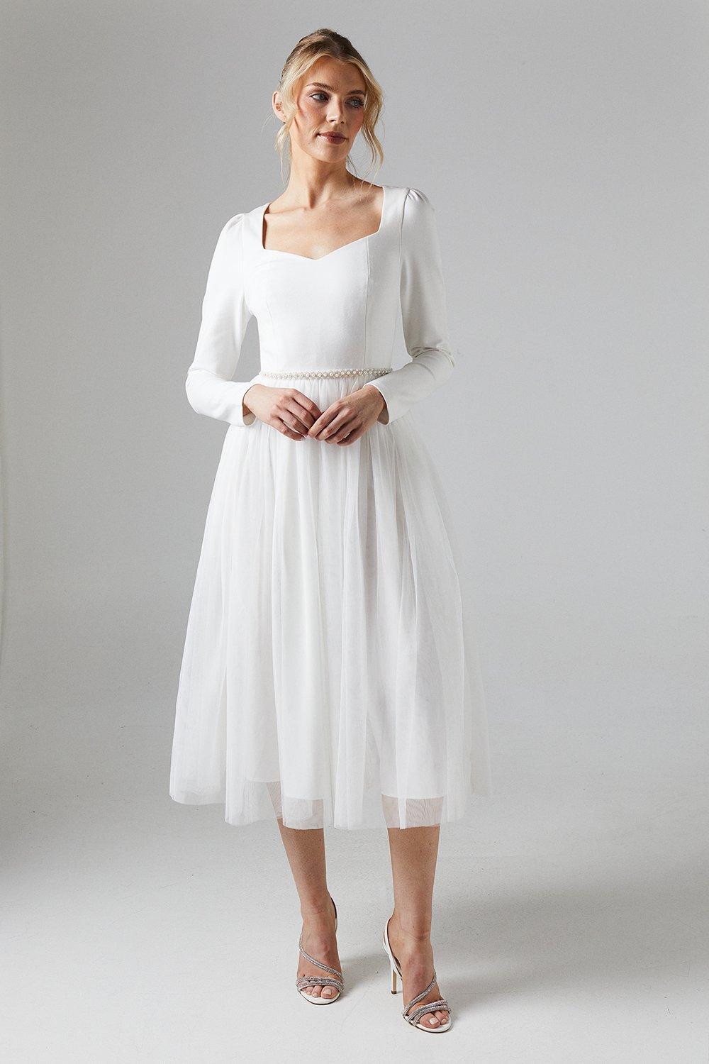 Long Sleeve Ponte Midi Wedding Dress With Tulle Skirt - Ivory