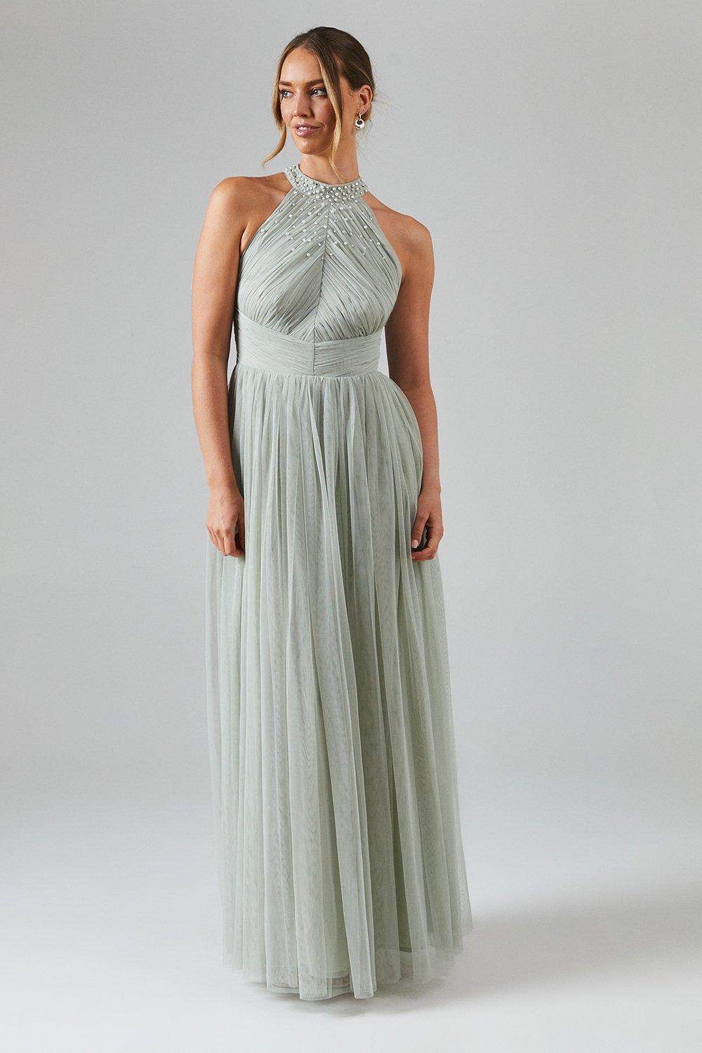 Mesh Halterneck Bridesmaid Maxi Dress - Sage