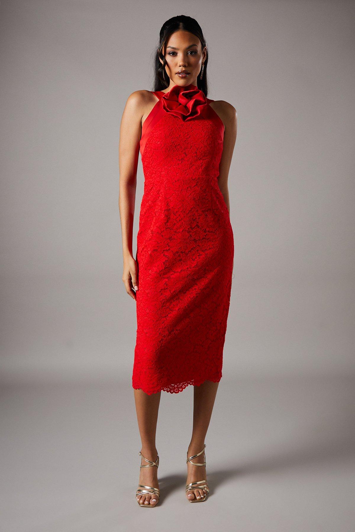 Corsage Neckline Lace Pencil Dress - Red