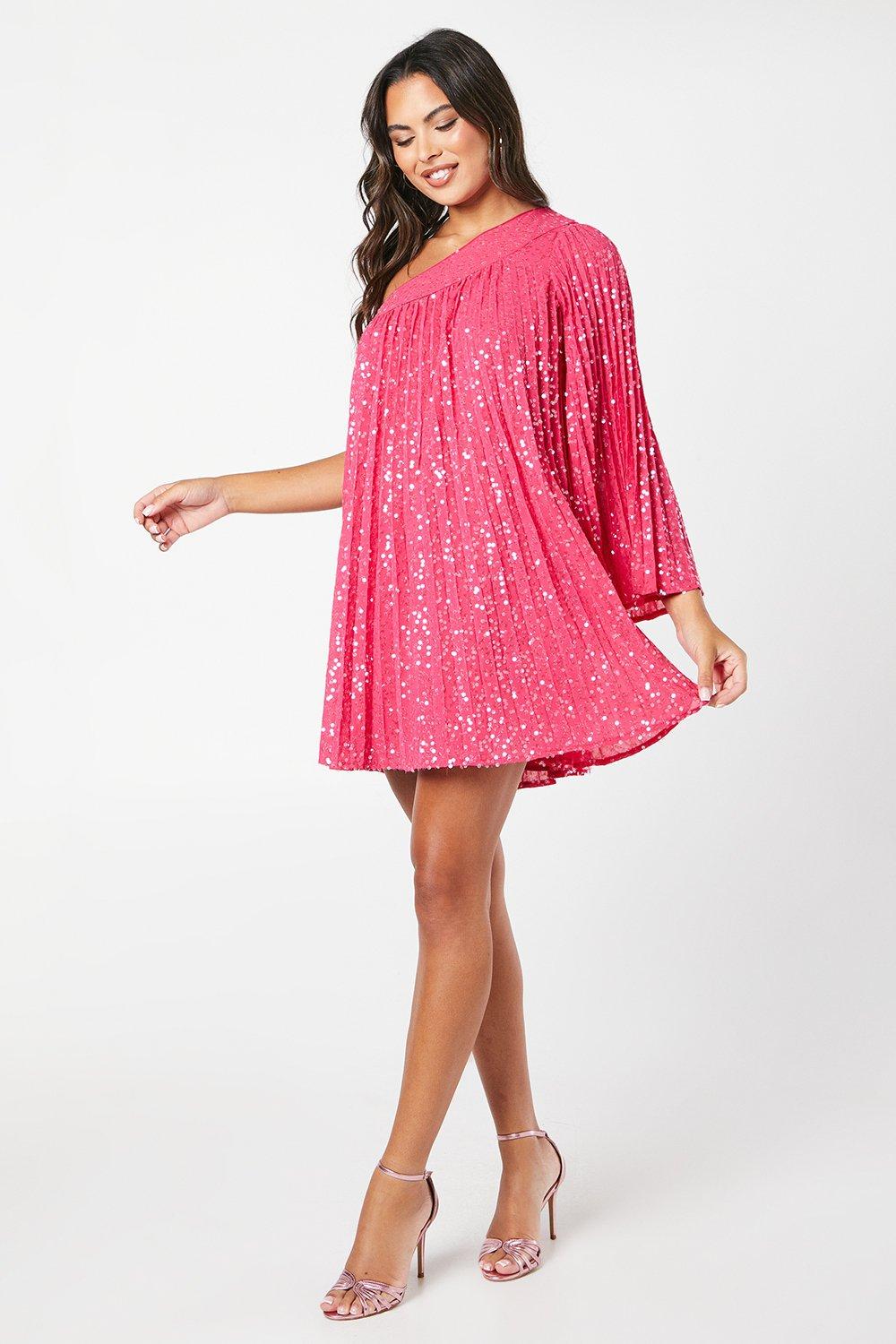 Party Sequin One Shoulder Mini Dress - Red