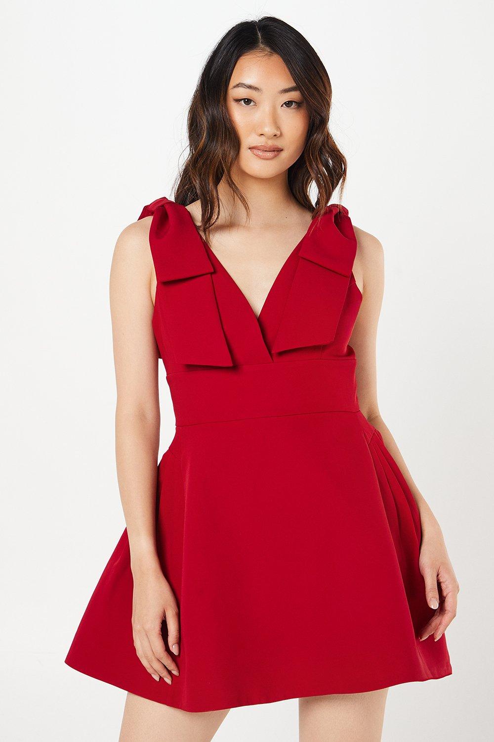 Bow Shoulder Crepe Mini Dress - Crimson