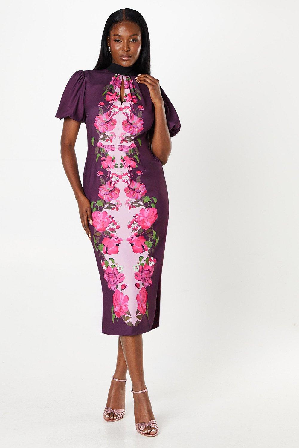 Placement Print Puff Sleeve Midi Dress - Plum