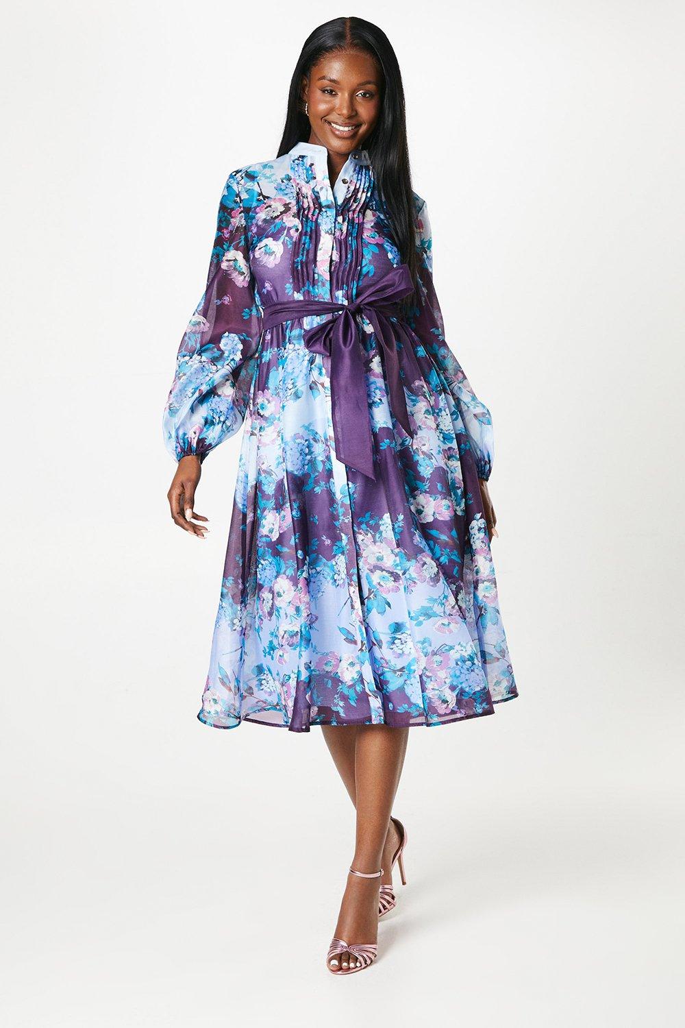 Floral Print Blouson Sleeve Shirt Wedding Guest Dress