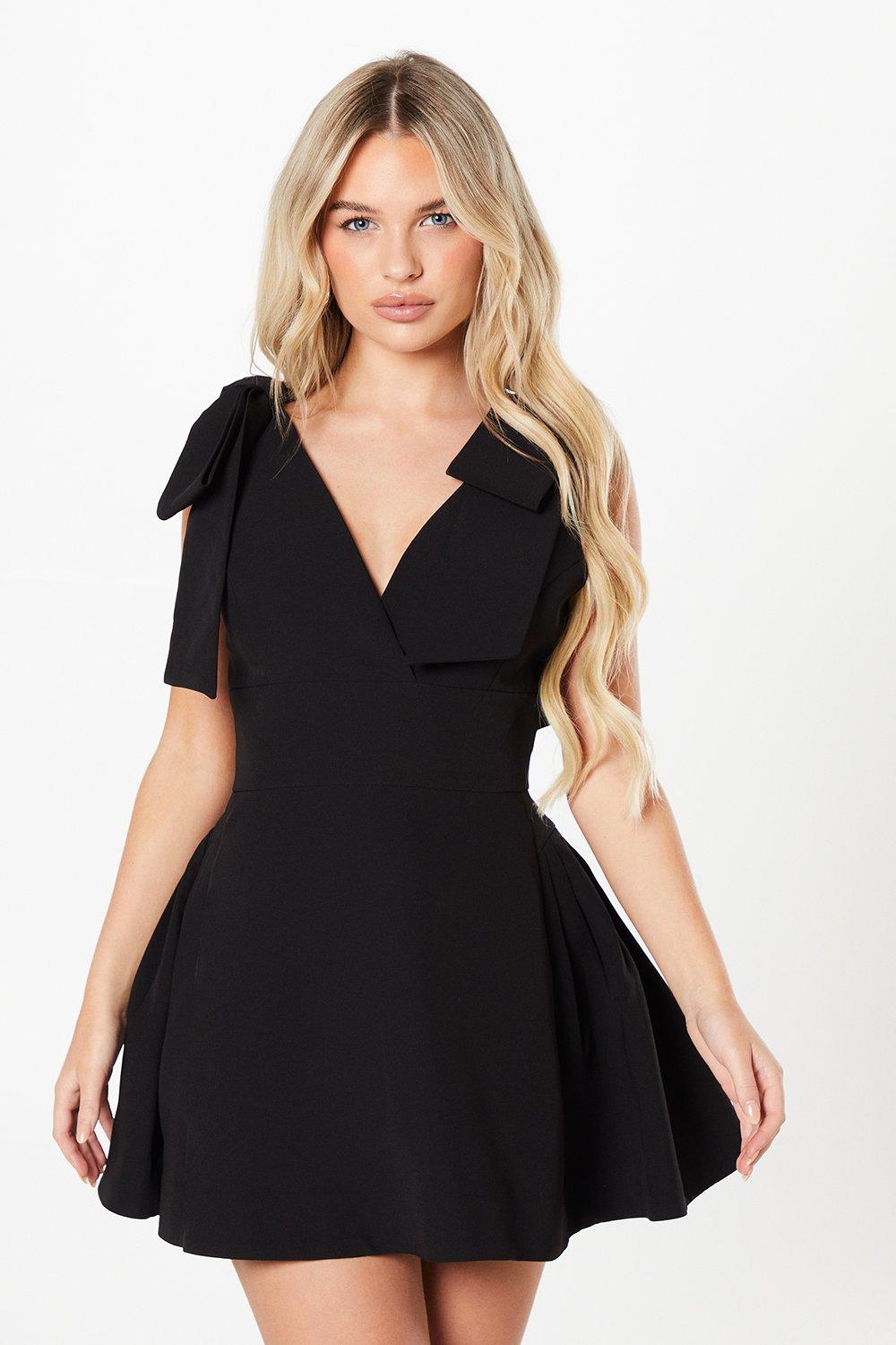 Petite Bow Shoulder Crepe Mini Dress - Black