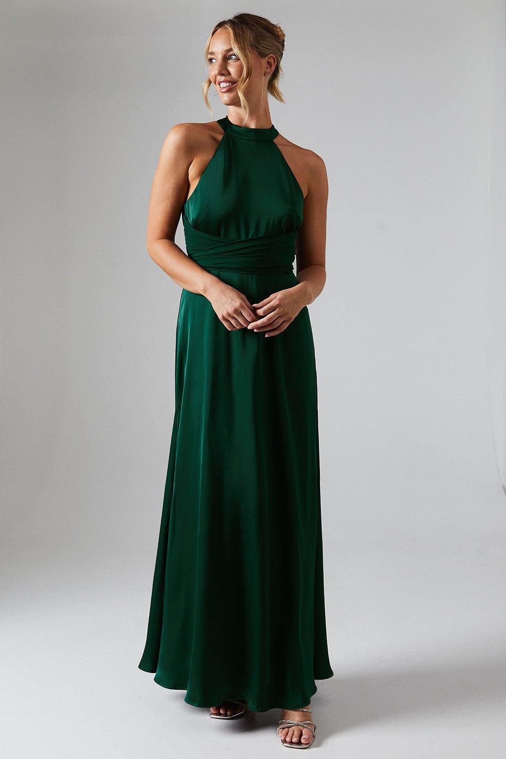 Wrap Waist Detail Satin Halter Neck Bridesmaid Dress - Green