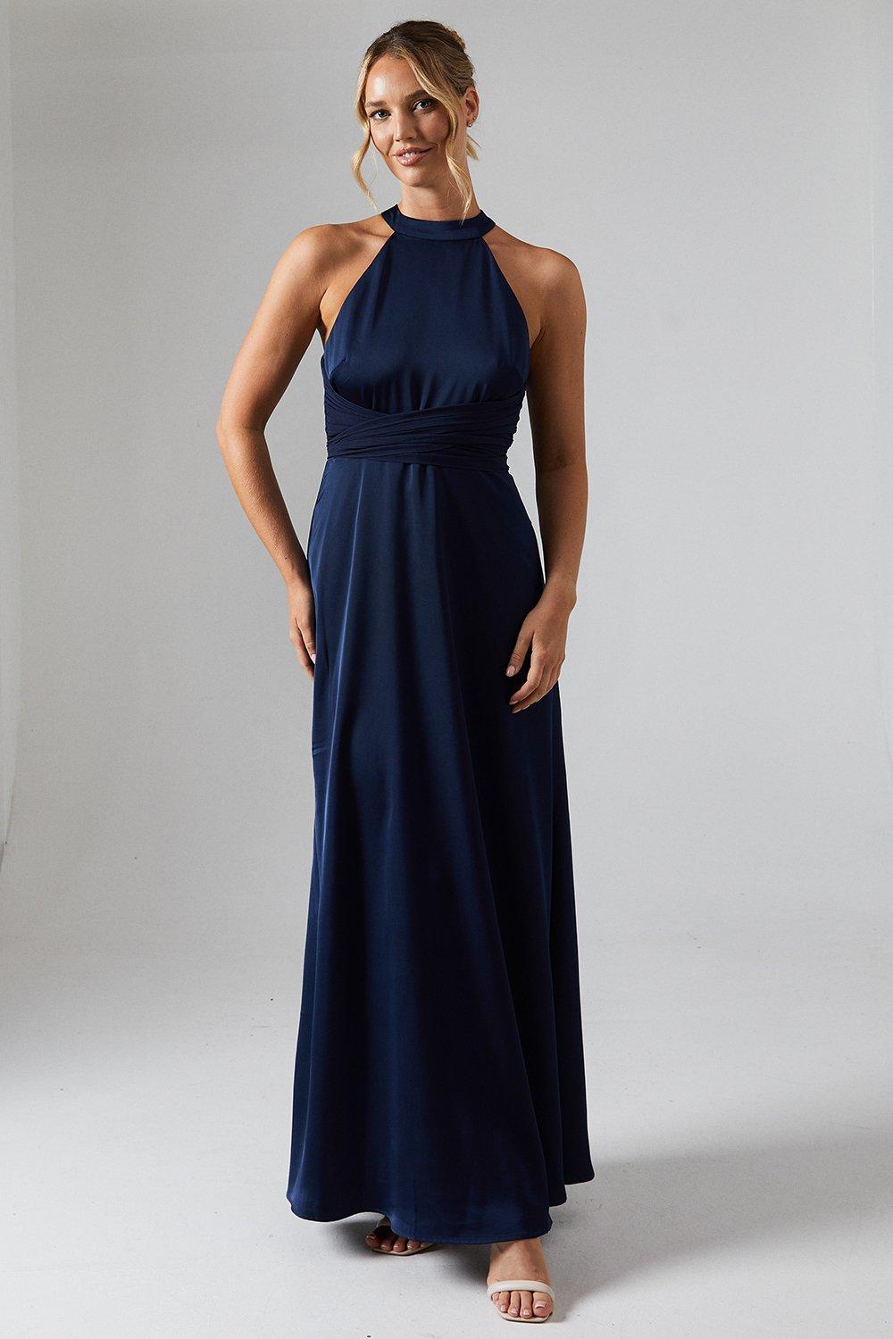 Wrap Waist Detail Satin Halter Neck Bridesmaid Dress - Navy