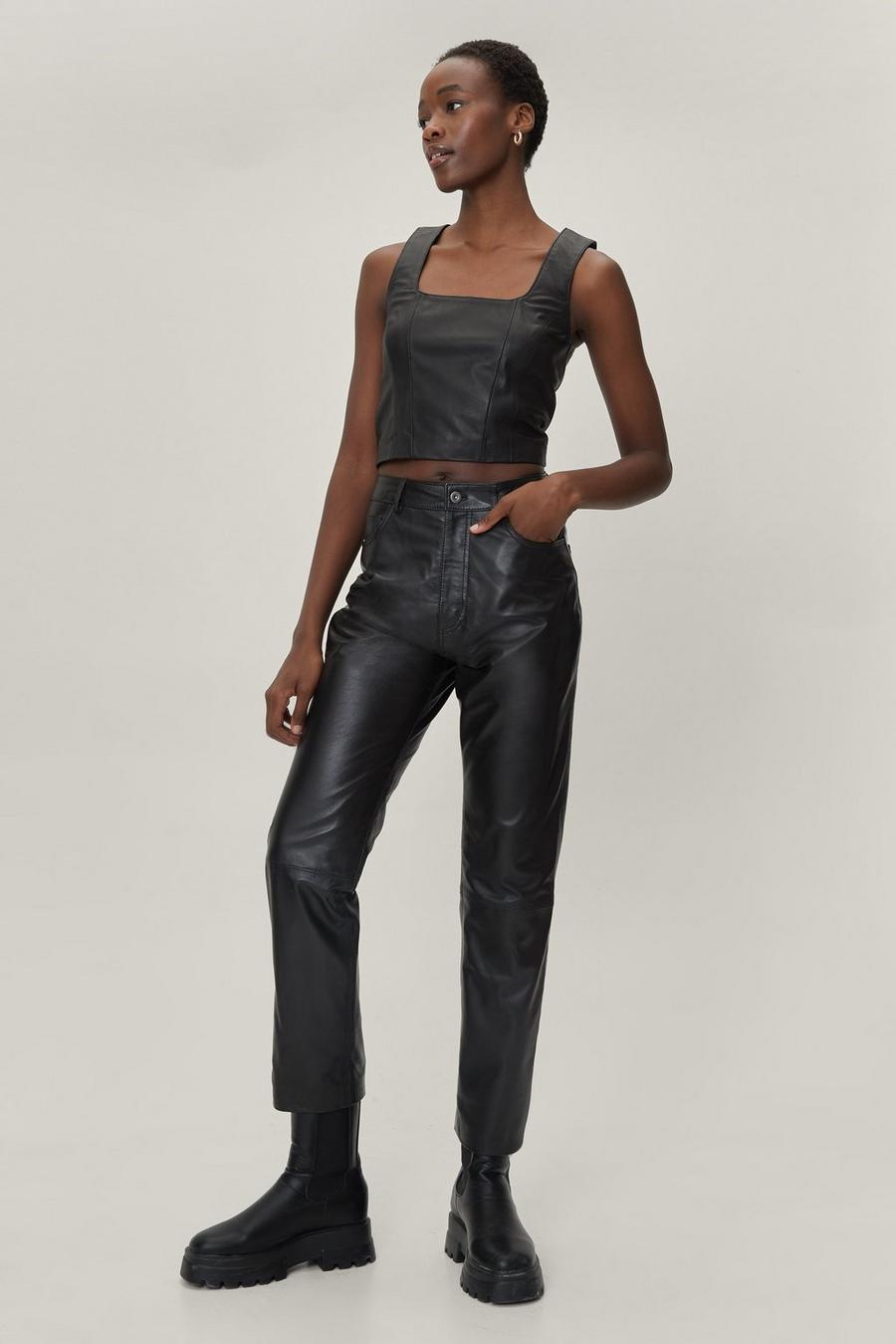 Black Real Leather Straight Leg High Waisted Trousers