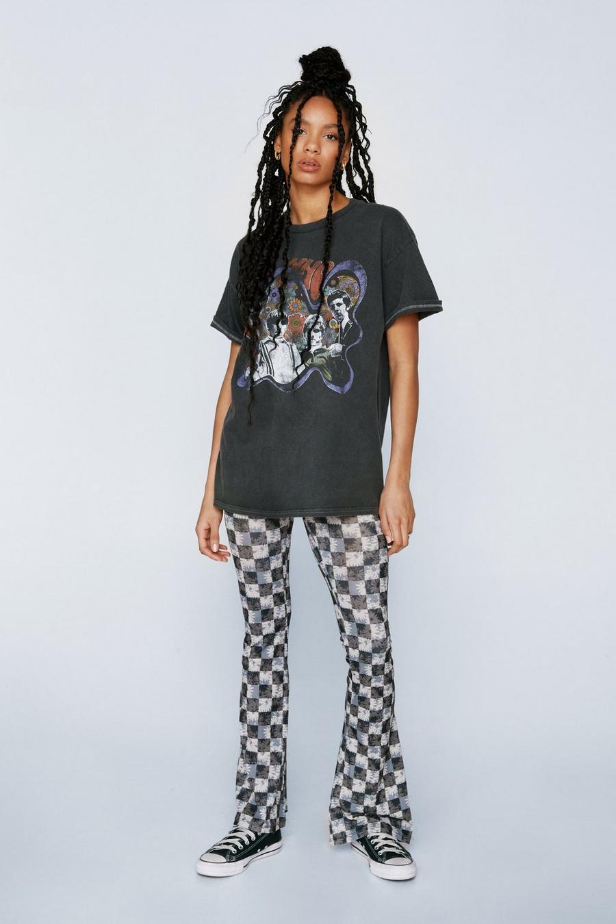 Mono Floral Print High Waisted Mesh Flared Trousers