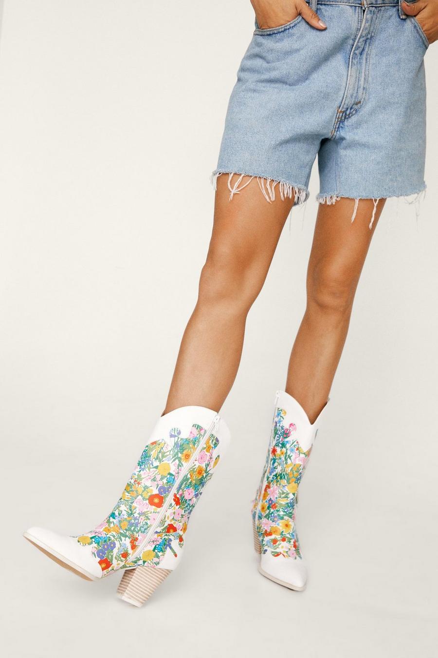 White Contrast Floral Print Western Boots