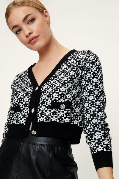 NastyGal black Floral Checkerboard Diamante Button Cardigan