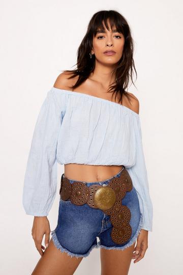 Blue Bardot Puff Sleeve Crop Top