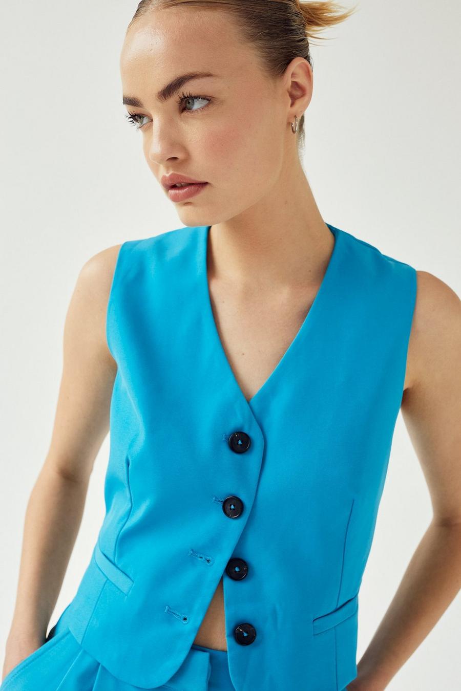 Blue Tailored Cropped Single Breasted Waistcoat image number 1
