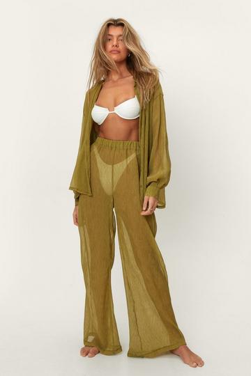 Khaki Plisse Wide Leg Beach Pants