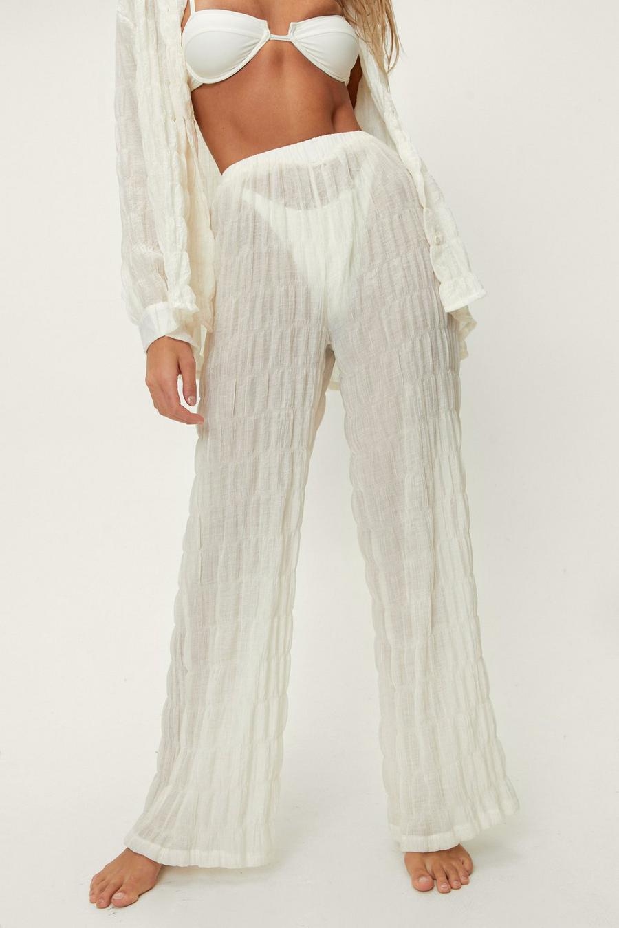 Cream Textured Wide Leg Beach Cover-Up Trousers