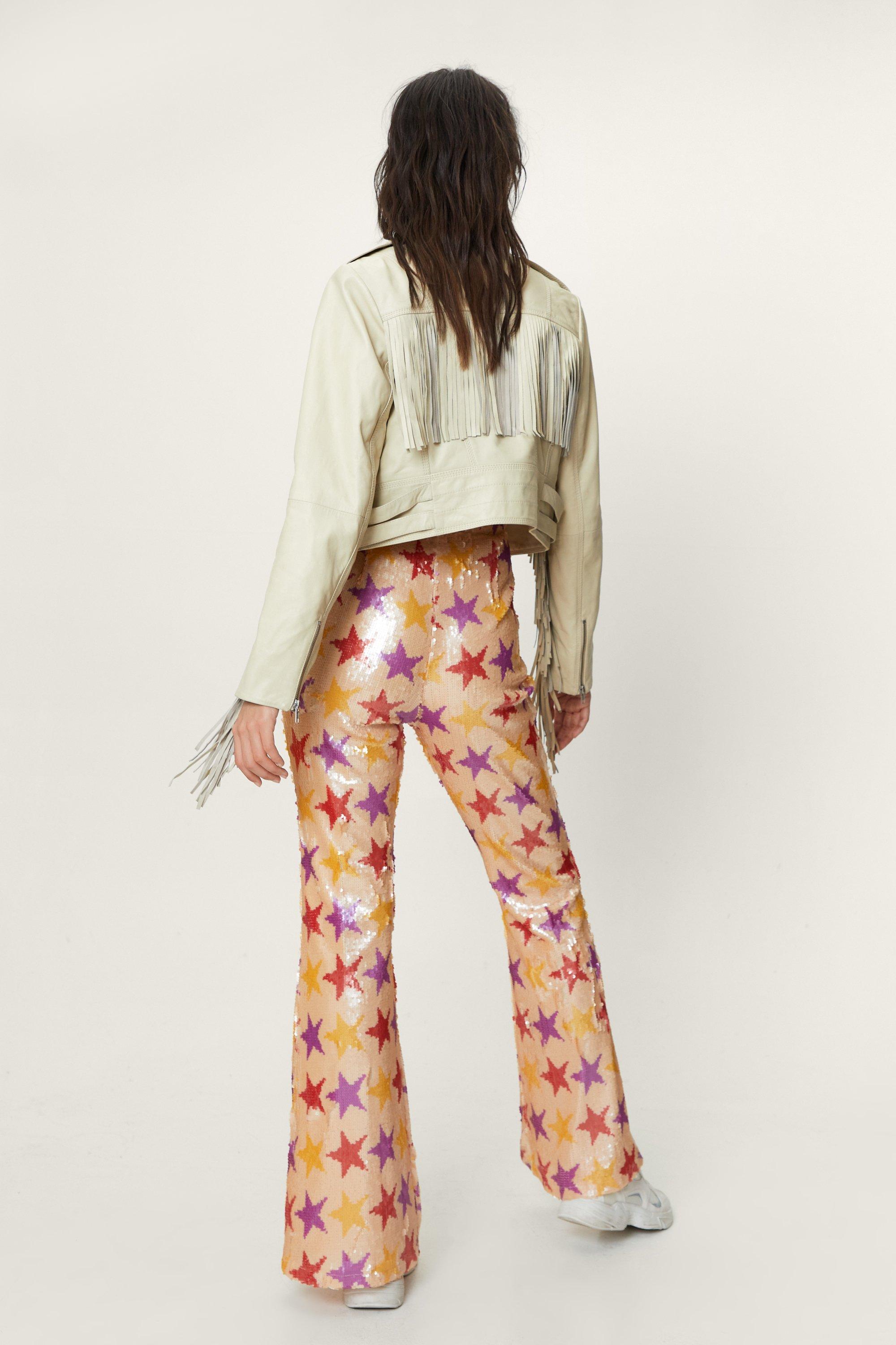 Women s Sequin Star Detail Fit and Flare Trousers Boohoo UK