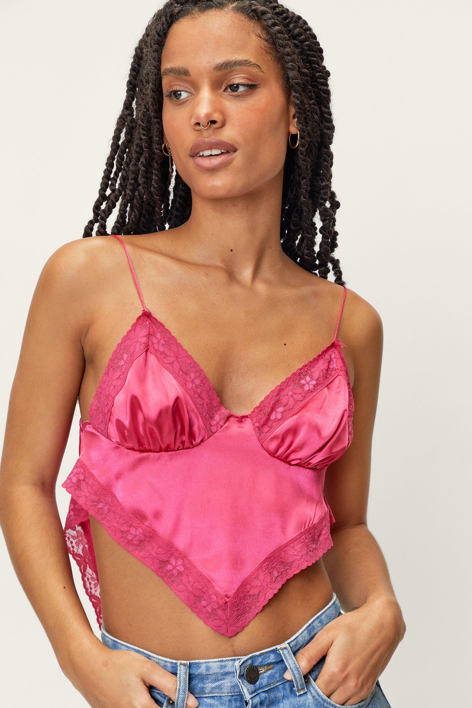 Women's Petite Satin Lace Trim Bandana Crop Top