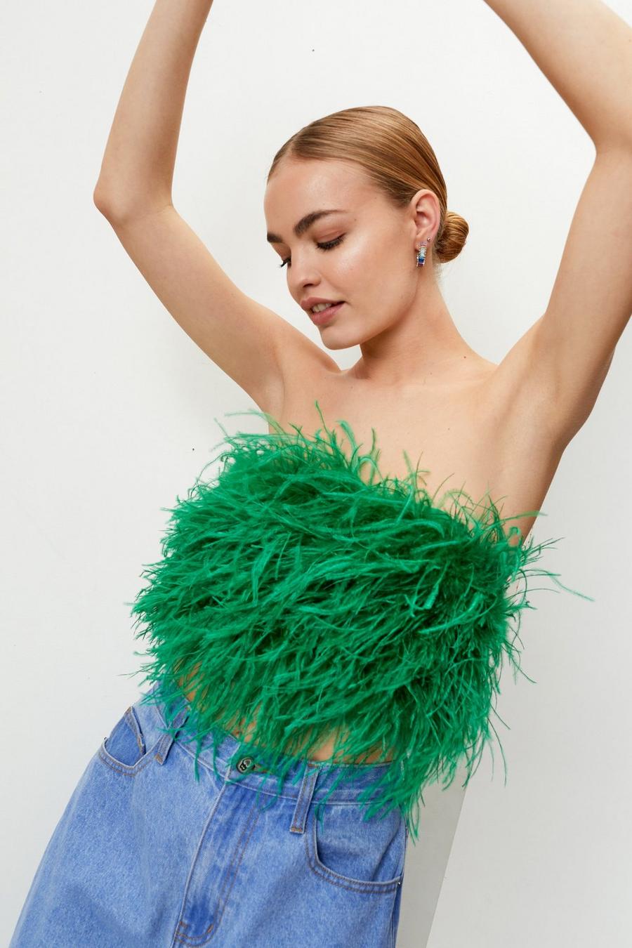 Bright green Feather Cropped Bandeau Corset Top image number 1