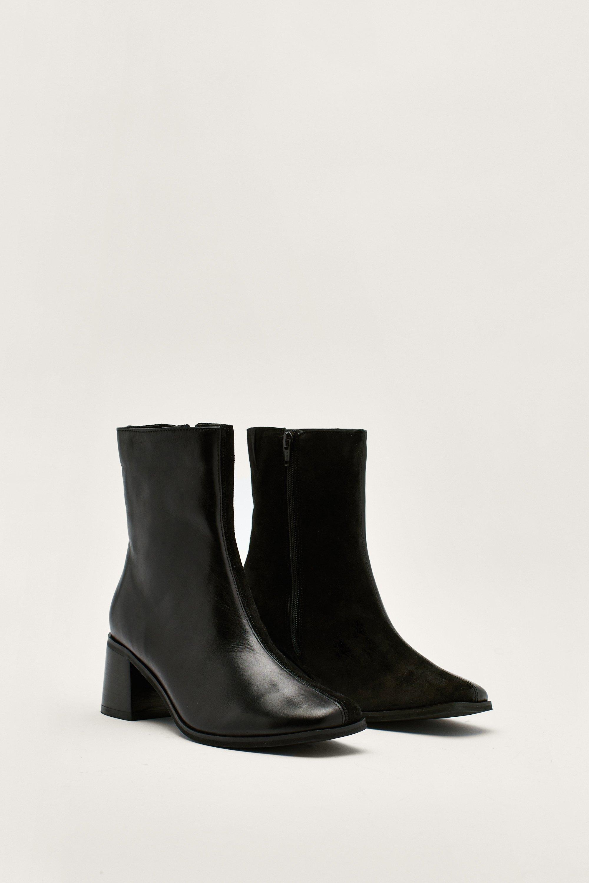 Black leather square store toe ankle boots