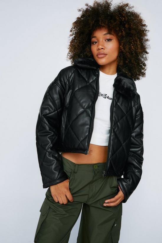 NastyGal Faux Leather Quilted Faux Fur Collar Jacket 1