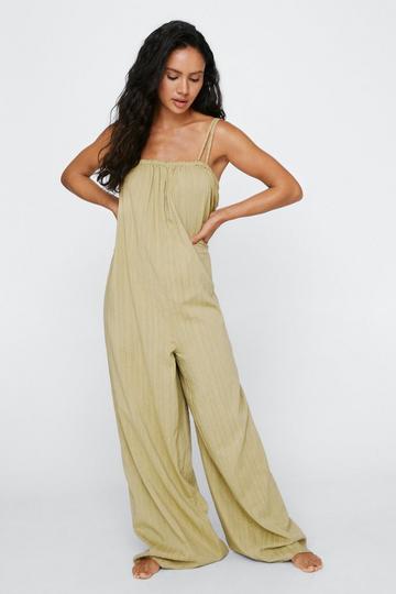 Textured Cotton Tie Back Cover Up Jumpsuit olive