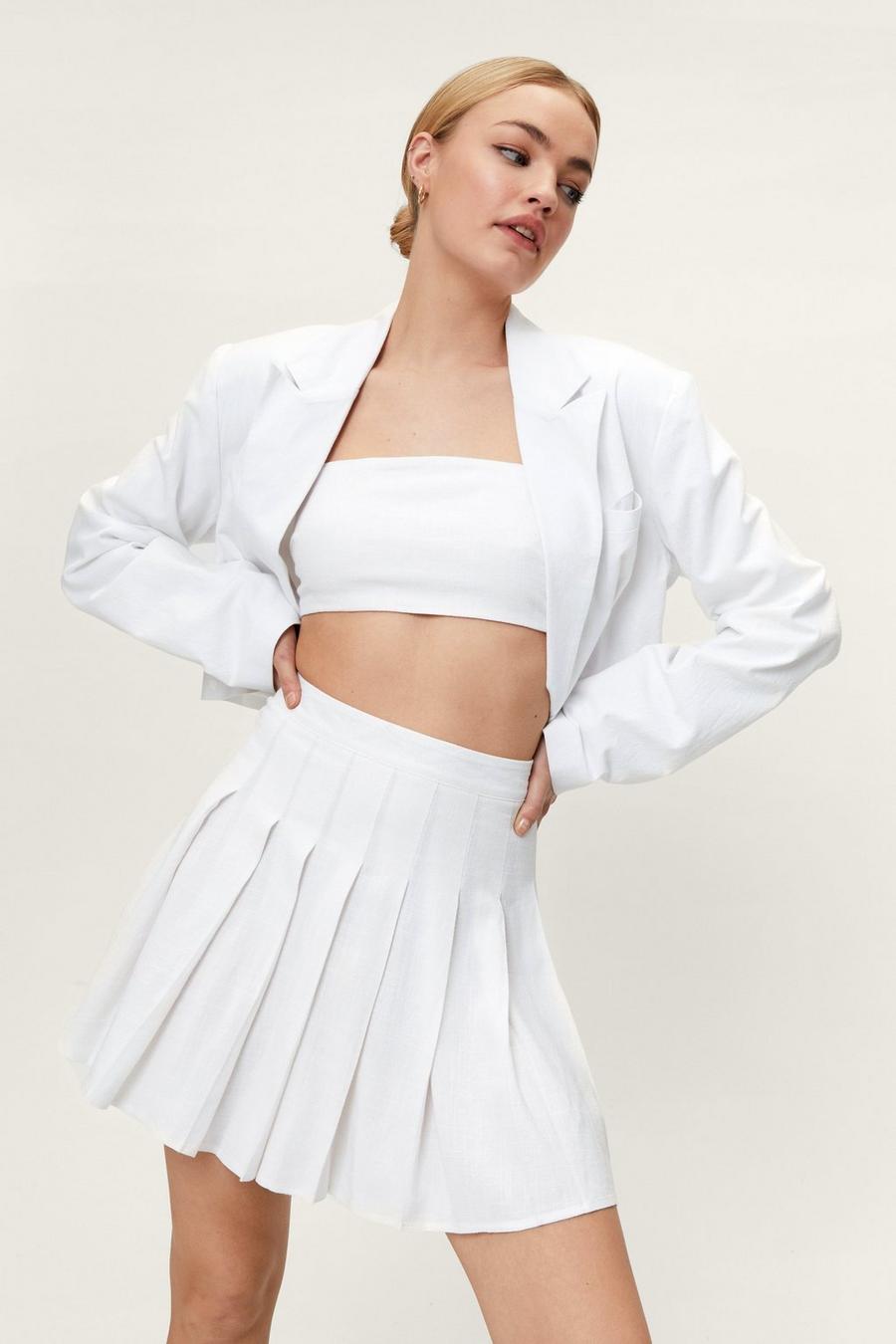 White Pleated Linen Tennis Mini Skirt