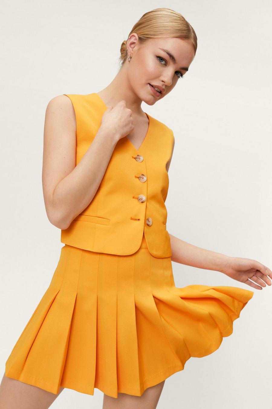 Orange Fitted High Waisted Pleated Tennis Skirt