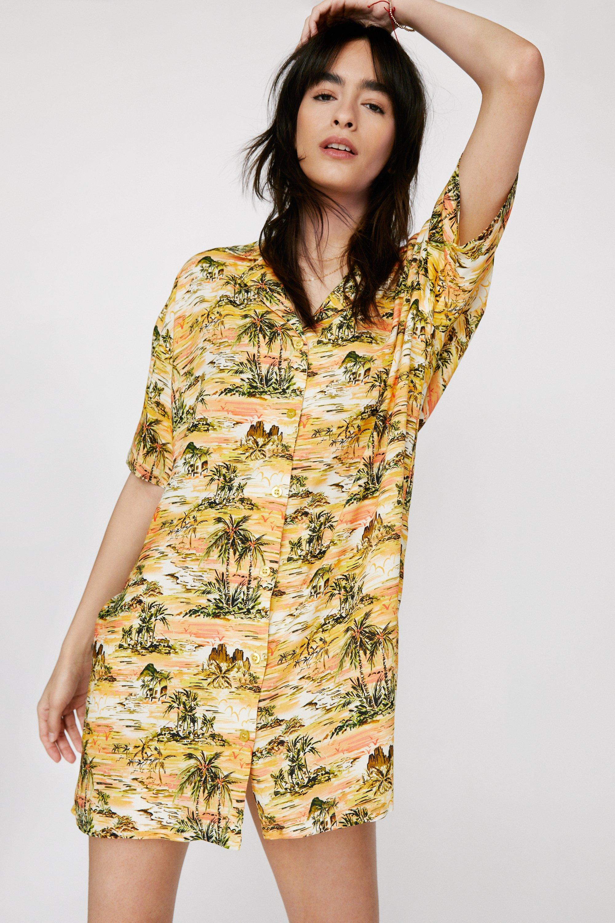 Loose Fit Hawaiian Print Shirt Mini Dress