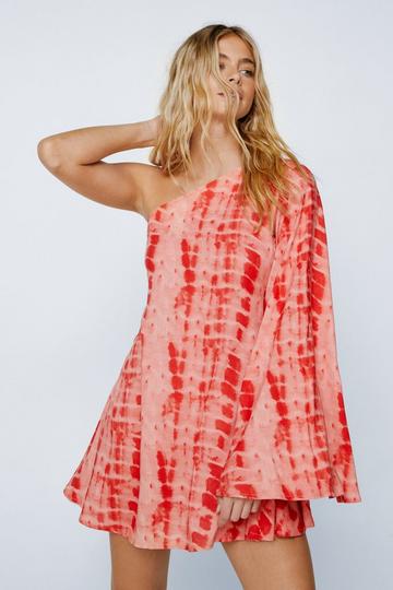 Tie Dye One Shoulder Flare Sleeve Mini Dress red