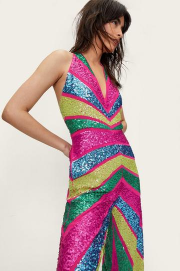 Sequin Colorblock Plunge Wide Leg Jumpsuit hot pink