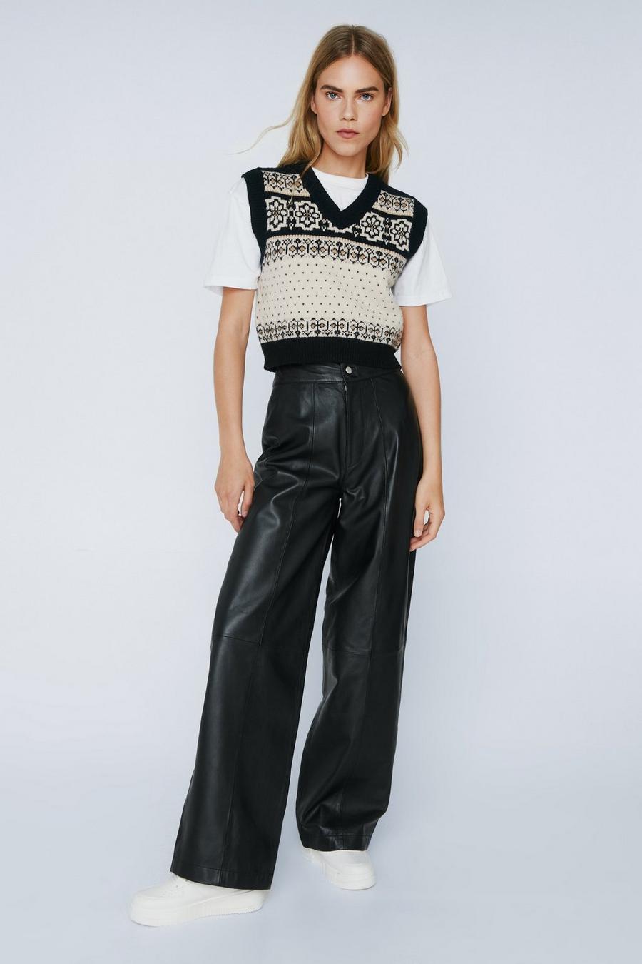Black Real Leather Wide Leg Seam Detail Trousers