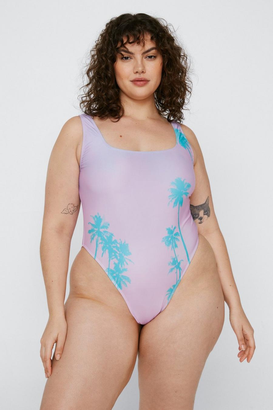 Pink Plus Size Recycled Palm Tree Swimsuit