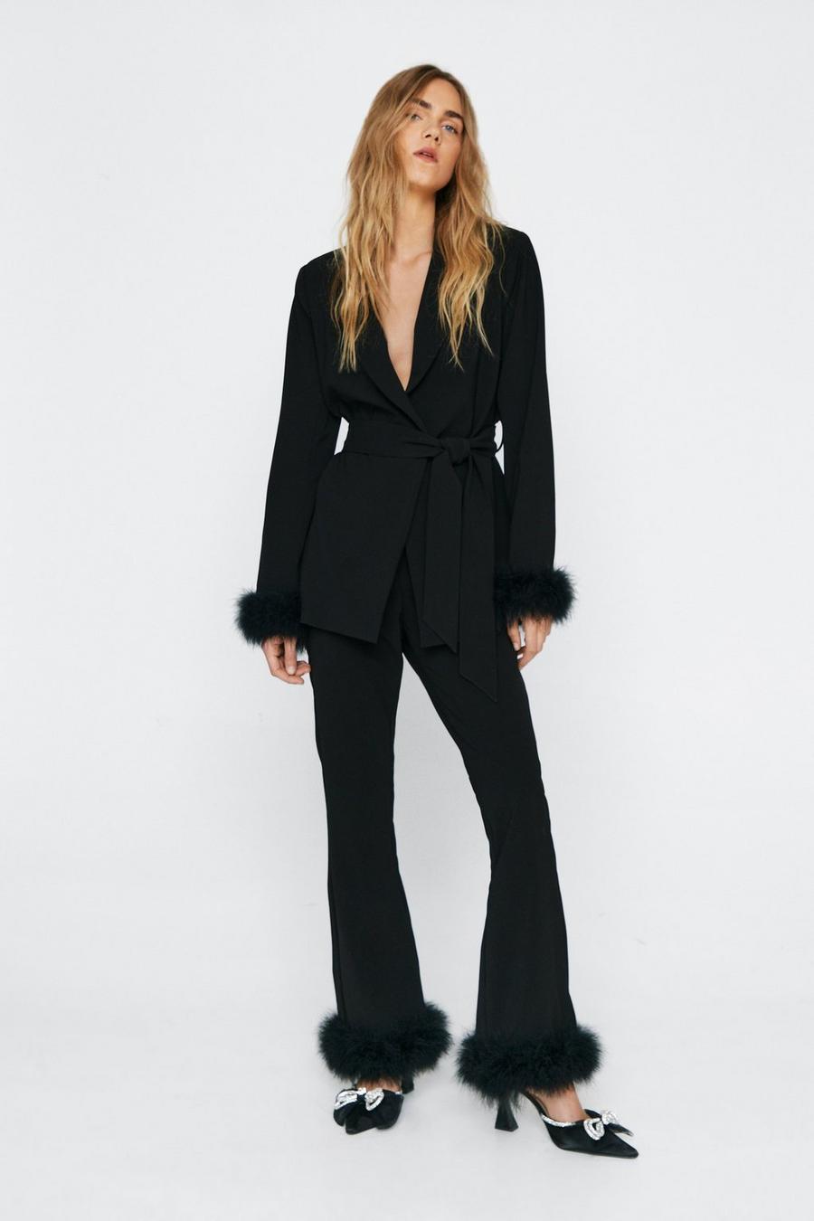 Black Flared Trousers With Feather Trims image number 1