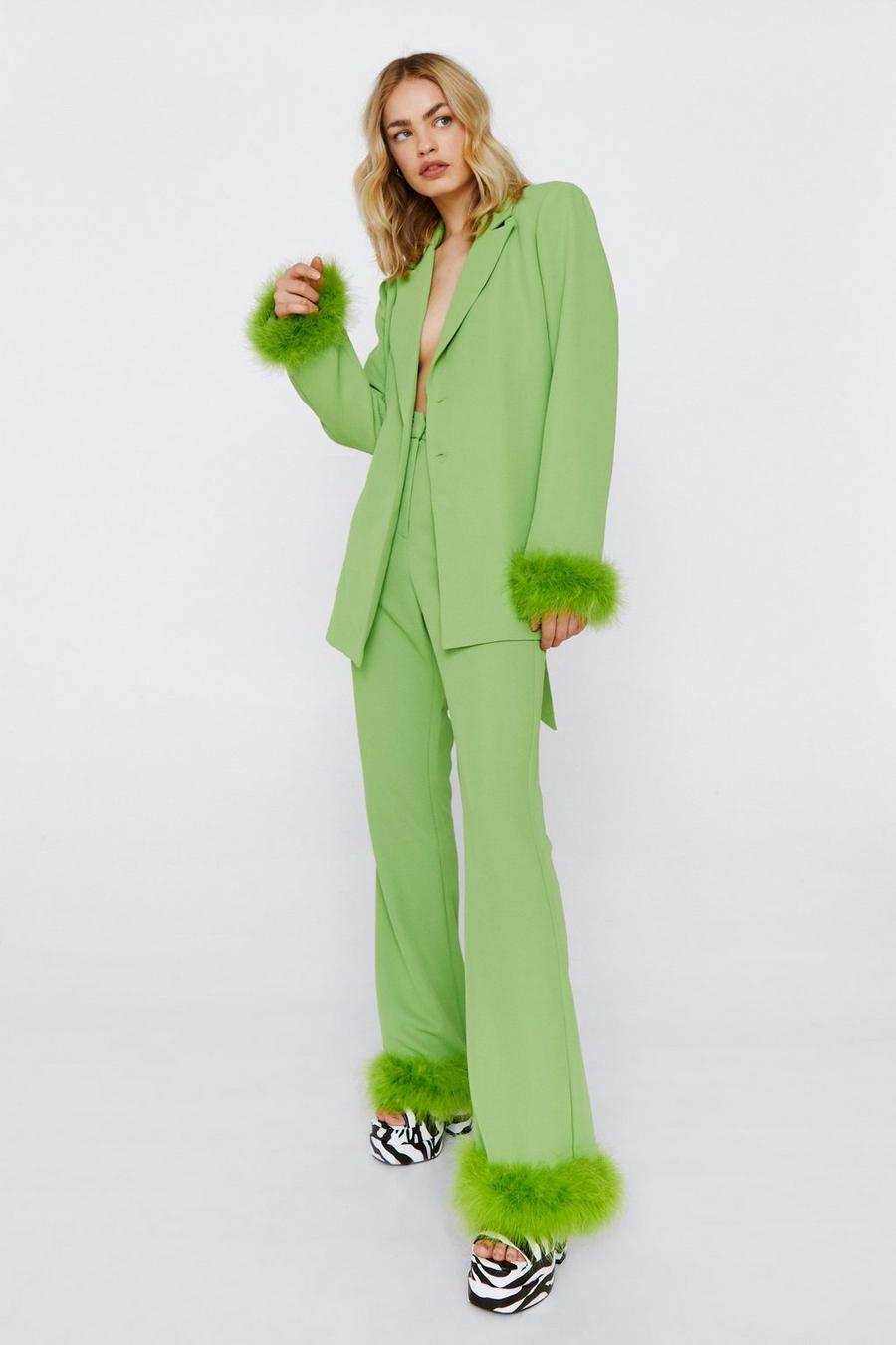 Green Flared Trousers With Feather Trims