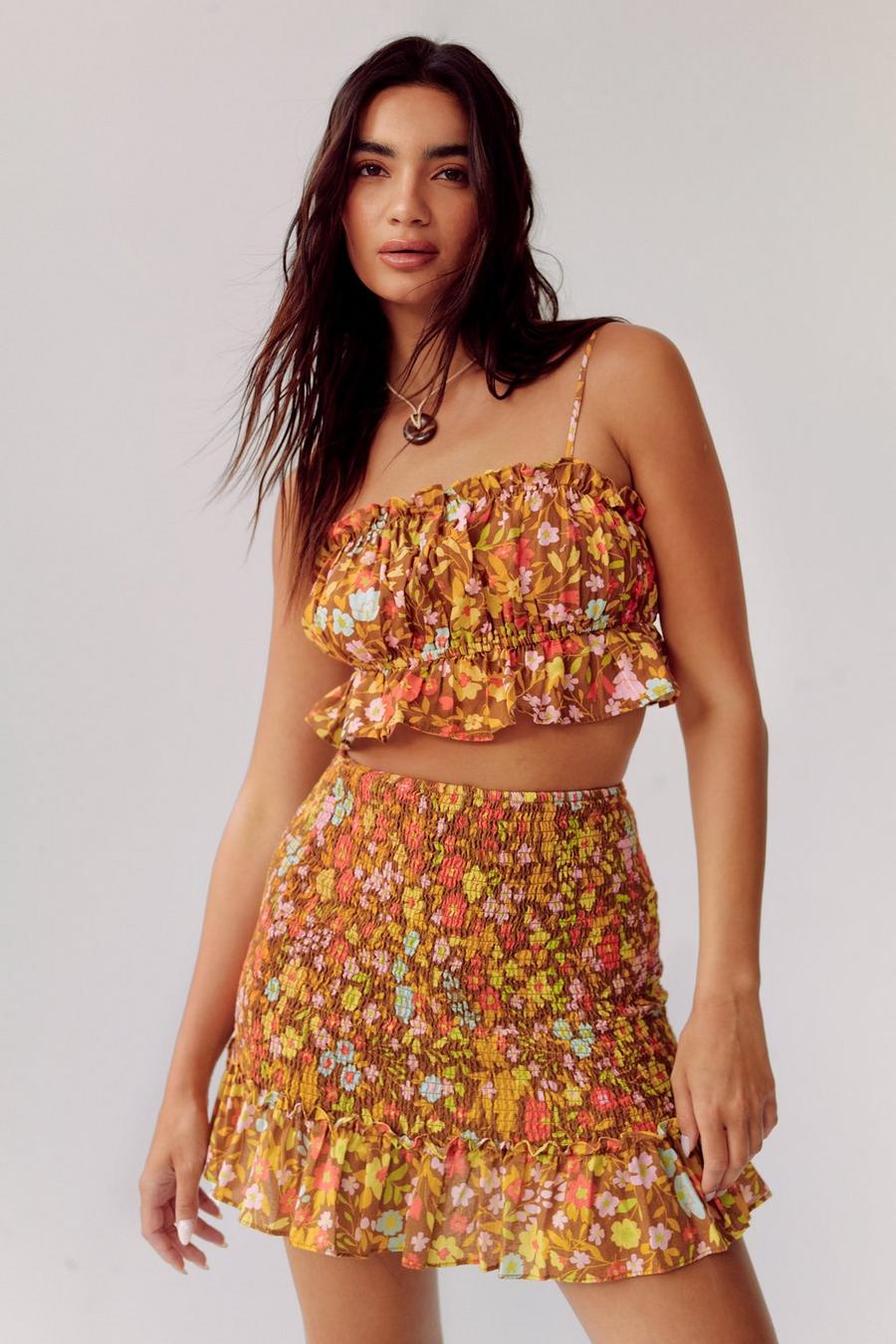 Women's Floral Shirred High Waisted Mini Skirt | Boohoo UK
