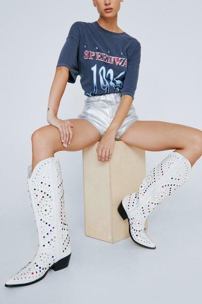 NastyGal white Faux Leather Embellished Cowboy Boots