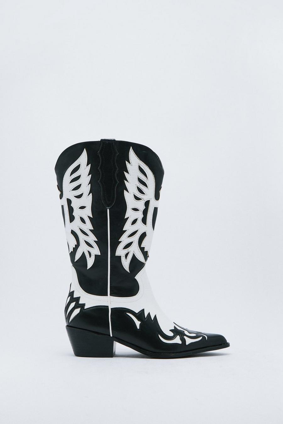 Black_white Faux Leather Two Tone Cowboy Boots 