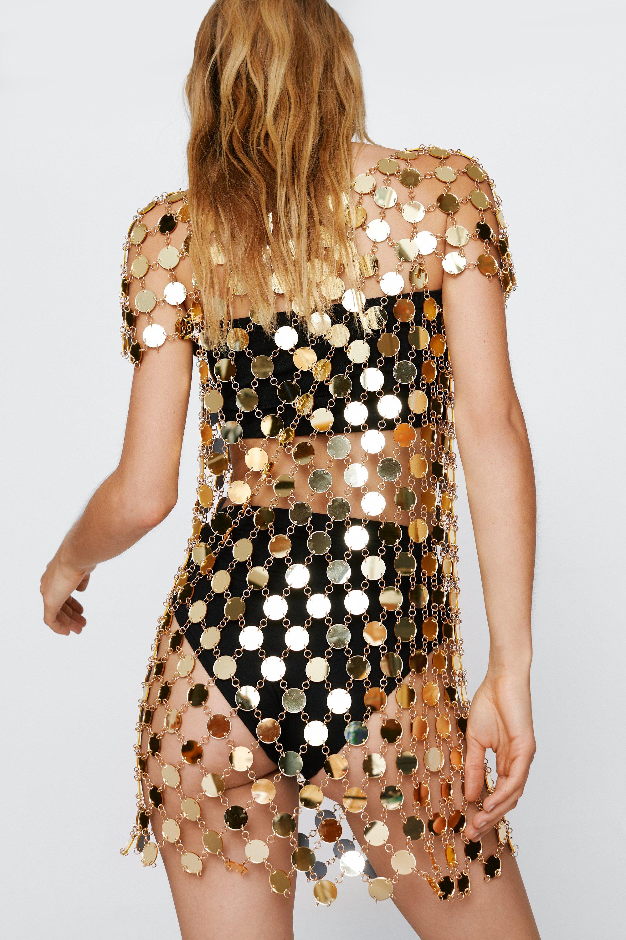Nasty Gal Womens Disc Chainmail Sequin Halter Mini Dress - Gold