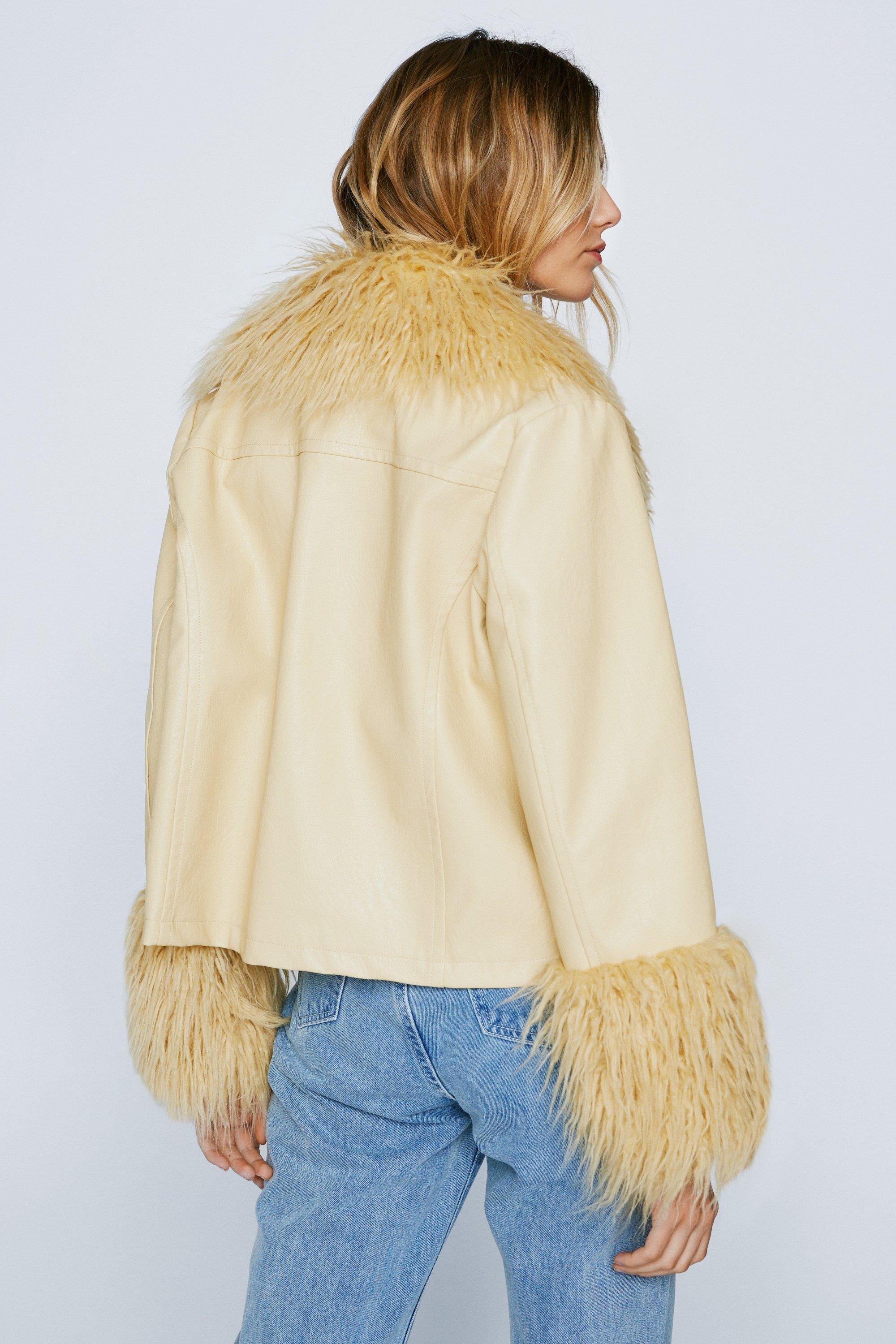 Mongolian Fur Trim Faux Leather Jacket