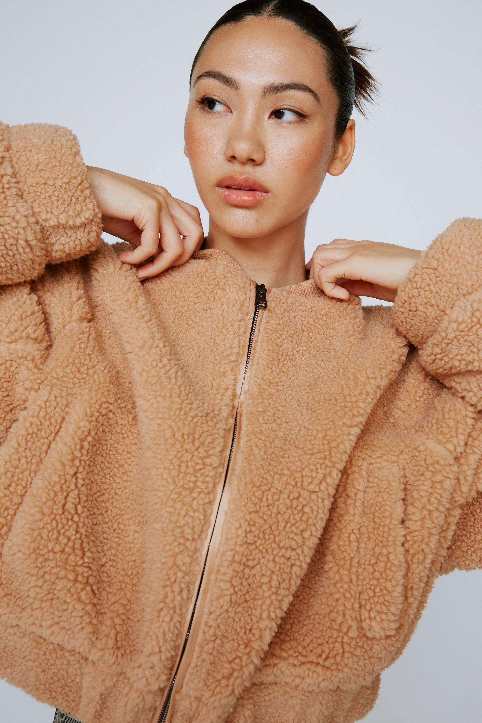 Teddy Zip Through Cropped Bomber Jacket