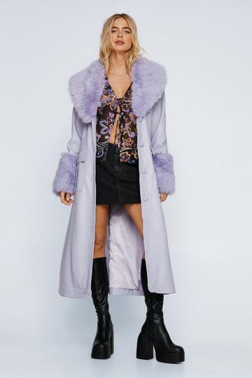 Lilac Purple Plush Fur Trim Belted Faux Leather Coat