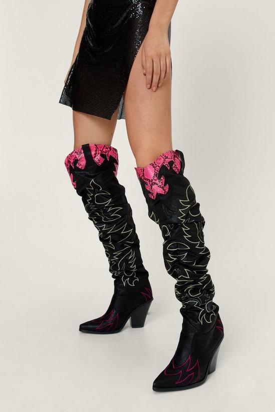 NastyGal Faux Leather Contrast Thigh High Western Boot 3