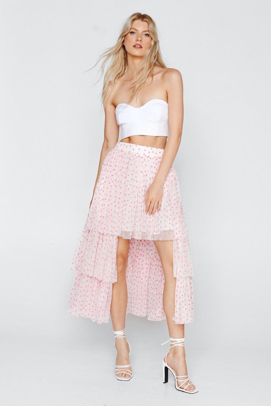 Soft pink Recycled Heart Print Tulle Tiered Maxi Skirt