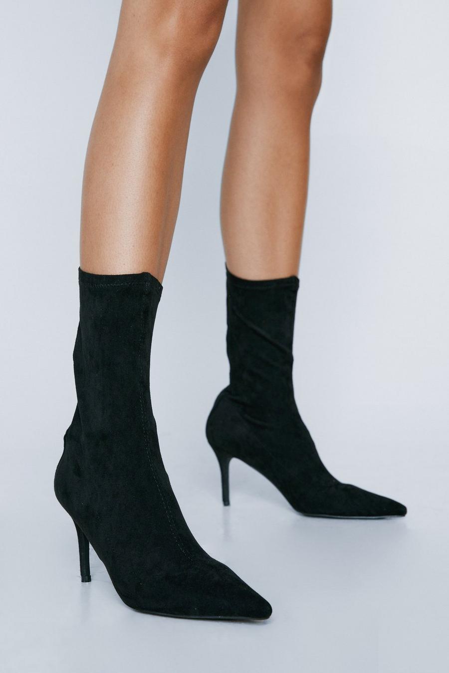 Black Faux Suede Pointed Toe Sock Boots image number 1